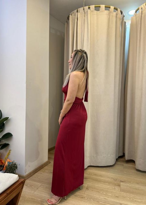 Bordo Maksi Yırtmaçlı Elbise