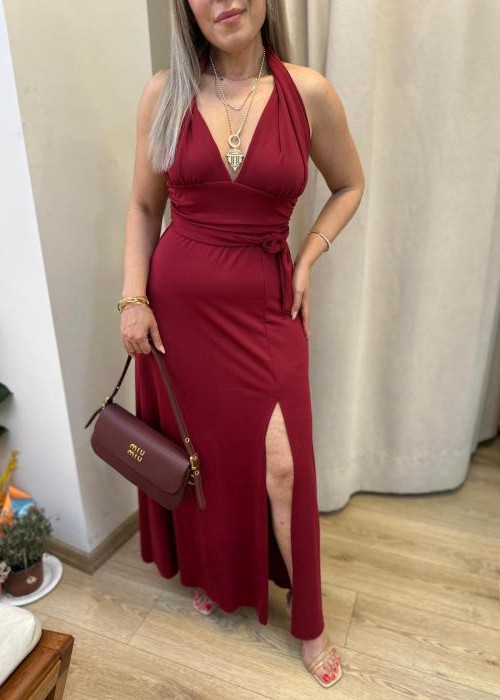 Bordo Maksi Yırtmaçlı Elbise