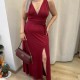 Bordo Maksi Yırtmaçlı Elbise