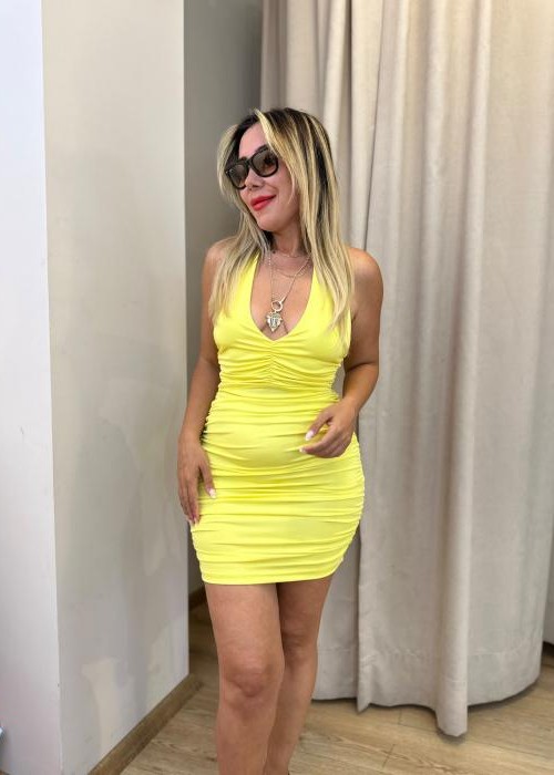 Neon Sarı Drapeli Mini Elbise