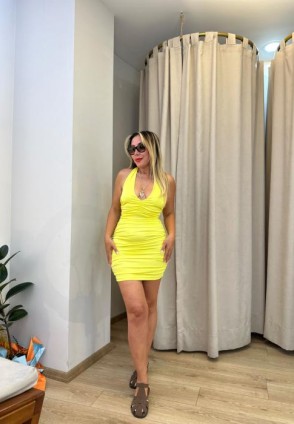 Neon Sarı Drapeli Mini Elbise