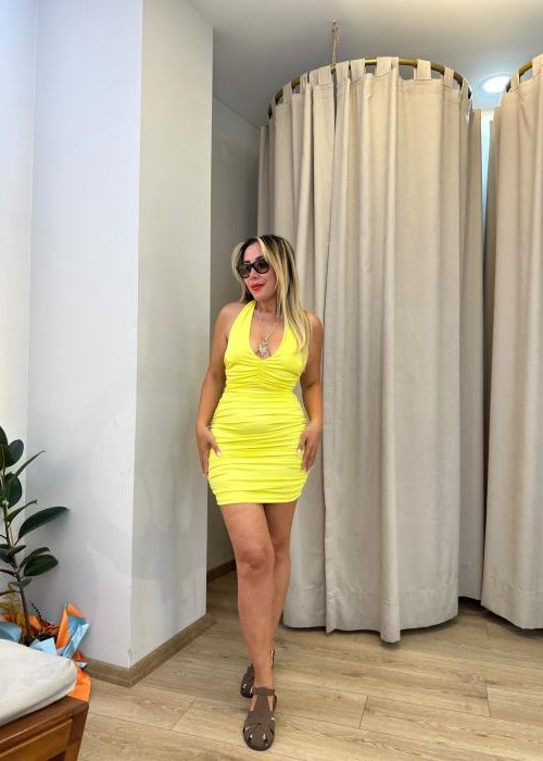 Neon Sarı Drapeli Mini Elbise