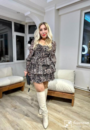 Leopar Kat Kat Şifon Mini Elbise