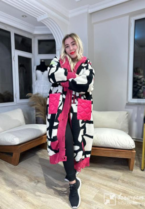 Fuşya Zebra Desen Tasarım Oversize Hırka