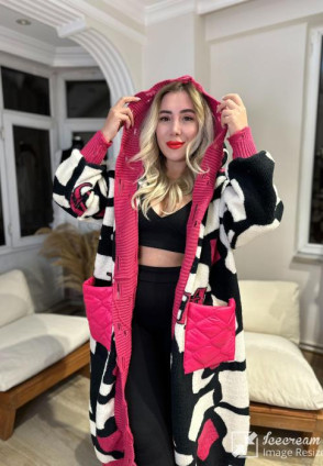 Fuşya Zebra Desen Tasarım Oversize Hırka