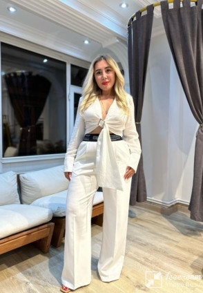 Qz Bel Detaylı Kumaş Pantolon Ekru