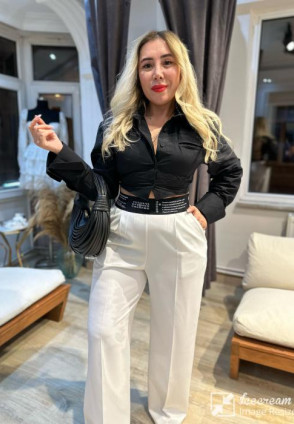 Qz Bel Detaylı Kumaş Pantolon Ekru