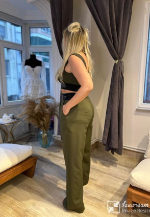 Qz Bel Detaylı Kumaş Pantolon Haki