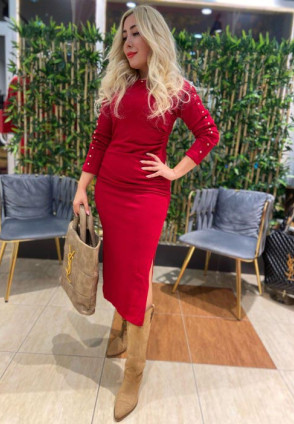 Kırmızı Zımbalı Triko Elbise