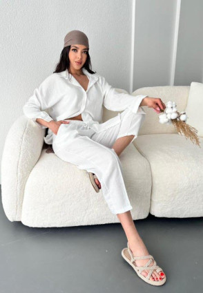 Beyaz Keten Pantolonlu Takım