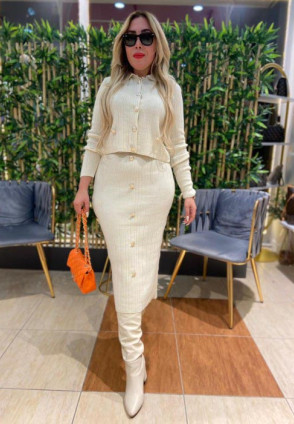 Krem Hırka Etek Takım