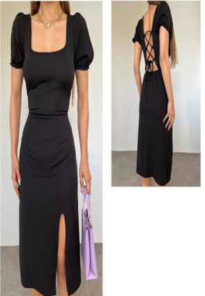 Siyah Sırt Detaylı Yırtmaçlı Elbise