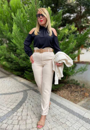 V Kemerli  Havuç Pantolon Bej