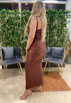 Kahve Yaka Detaylı Midi Elbise