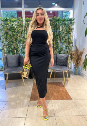 Black Drapeli Yaka Detaylı Midi Elbise