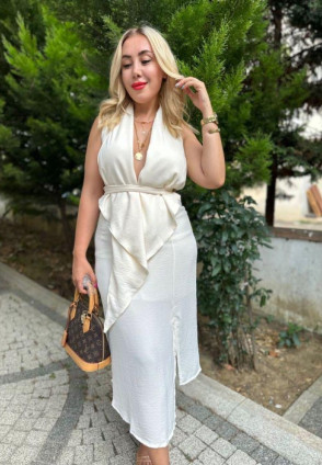 Şal Yaka Elbise Ekru