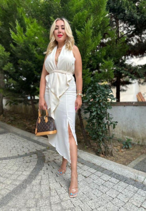 Şal Yaka Elbise Ekru