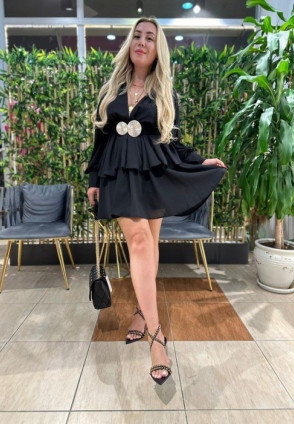 C Rose Siyah Kat Kat Elbise