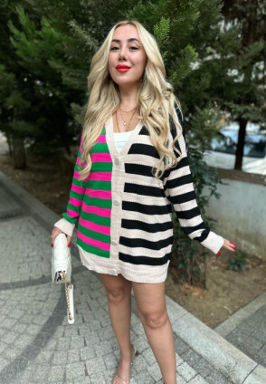 Yeşil Pembe Çizgili Hırka