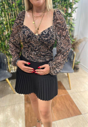 Kahve Şifon Desenli Bluz