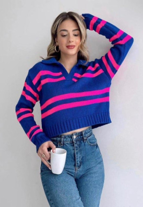 Lacivert Fuşya Çizgili Kazak