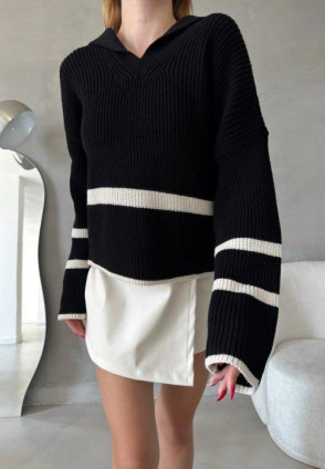 Siyah Ekru Çizgili Triko Kazak