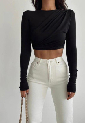 Siyah Sırt Drapeli Crop Bluz