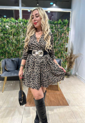 Leopar Desen Mini Kruvaze Elbise