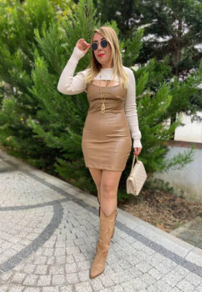 Askılı Deri Elbise Vizon