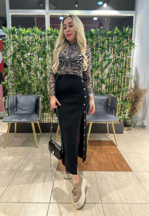 Triko Düğmeli Midi Etek