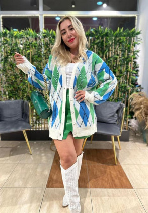 Baklava Desen İncili Hırka Mavi Yeşil