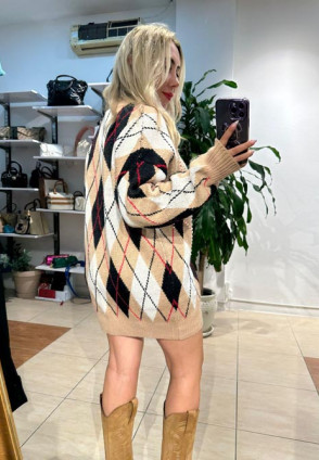 Baklava Desen İncili Hırka Vizon