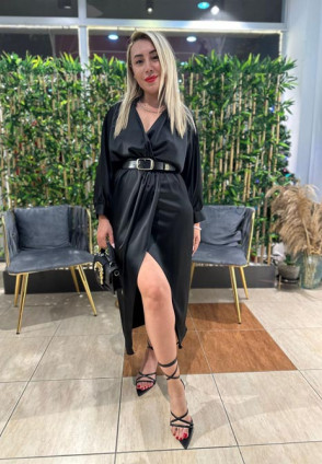 Siyah Kemerli Midi Elbise