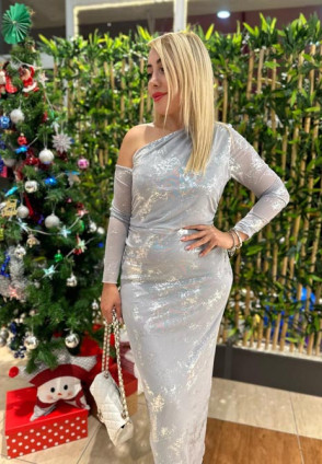 Açık Gri Varaklı Tek Omuz Maksi Elbise