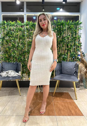 Triko İki Parça Kazak Elbise Takım Bej