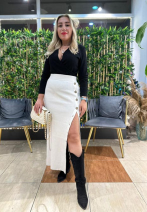 Triko Düğmeli Midi Etek Ekru