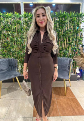 Kahve Kemerli Drapeli Midi Elbise