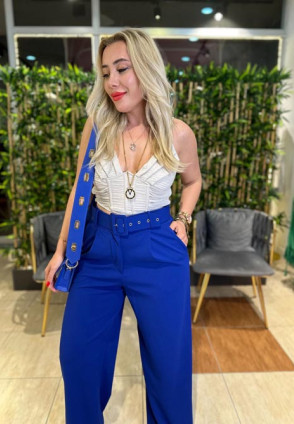 Saks Mavi Bol Paça Klasik Kemerli Pantolon