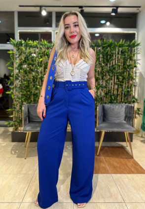 Saks Mavi Bol Paça Klasik Kemerli Pantolon