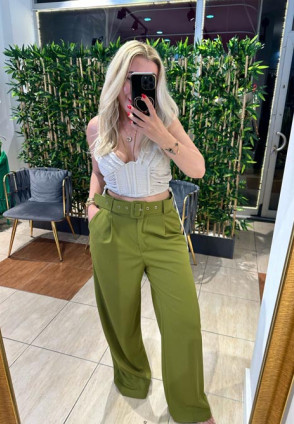 Olive Bol Paça Klasik Kemerli Pantolon