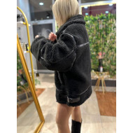 Süet Siyah Peluş Oversize Mont