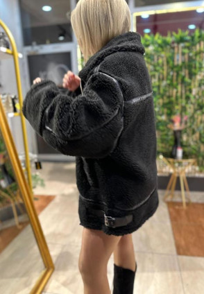 Süet Siyah Peluş Oversize Mont