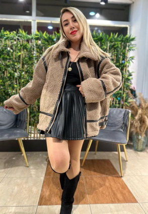 Süet Vizon Peluş Oversize Mont