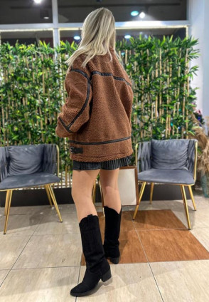 Süet Kahve Peluş Oversize Mont