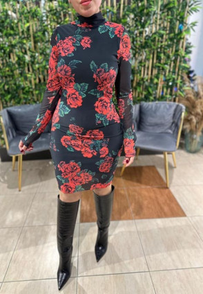 Gül Detaylı Mini Şifon Elbise