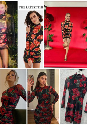 Gül Detaylı Mini Şifon Elbise