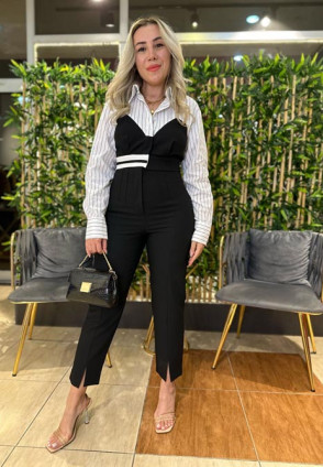 Ekru Çizgili Tasarım Crop Gömlek