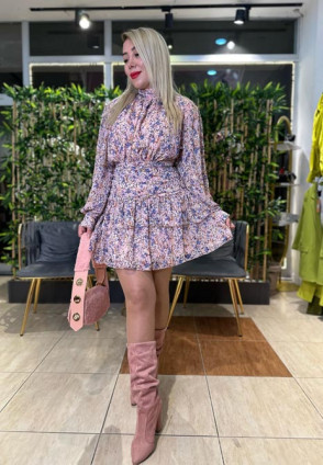 Pink Çiçek Desen Kat Kat Elbise