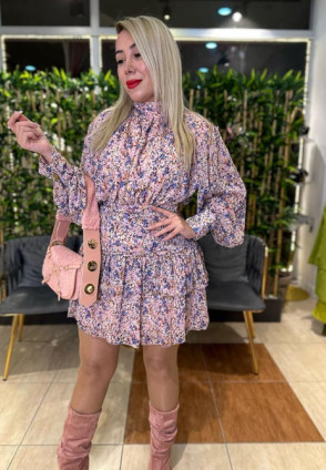 Pink Çiçek Desen Kat Kat Elbise