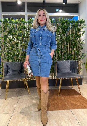 İthal Model Taşlı Denim Elbise